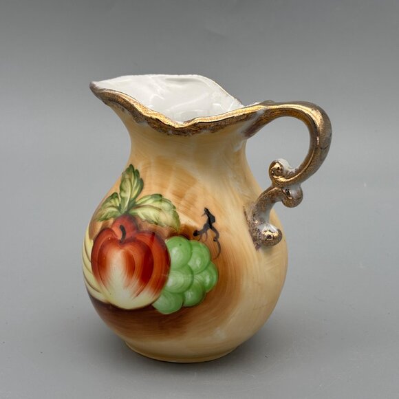 Vintage Norleans Japan Porcelain Pitcher Hand-Painted Fruit Design Gold Trim - Picture 2 of 9